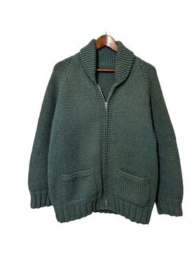 Vintage Handmade Thick Wool Green Zippered Sweater Collared Pockets Unisex